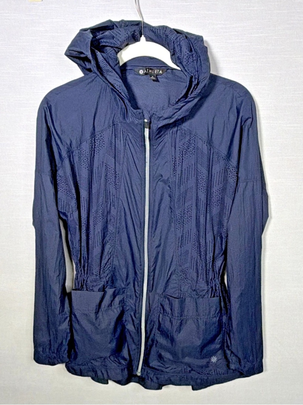 Athleta Sunsetter Laser Cut Mesh Lightweight Full Zip Hooded Jacket Navy Blue S